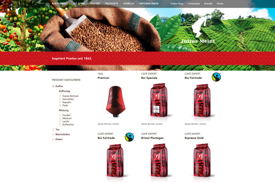 Produktauflistung auf Website von Julius Meinl Kaffee