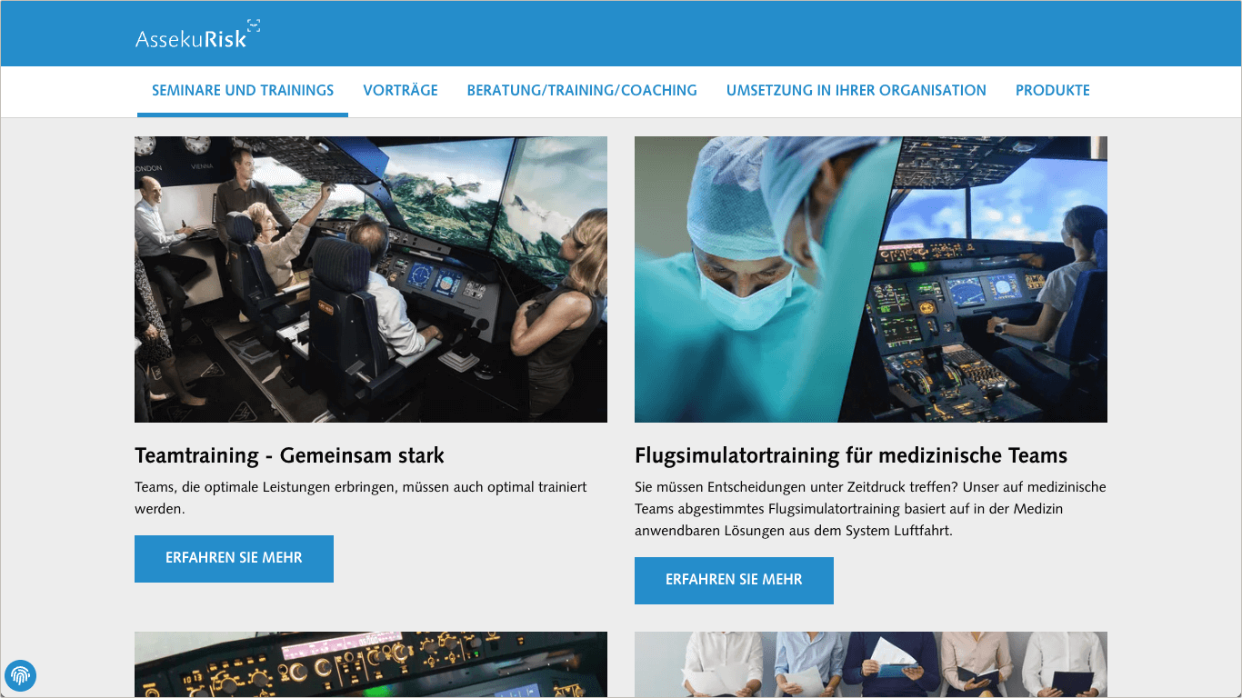 Screenshot Landingpage Seminare und Trainings