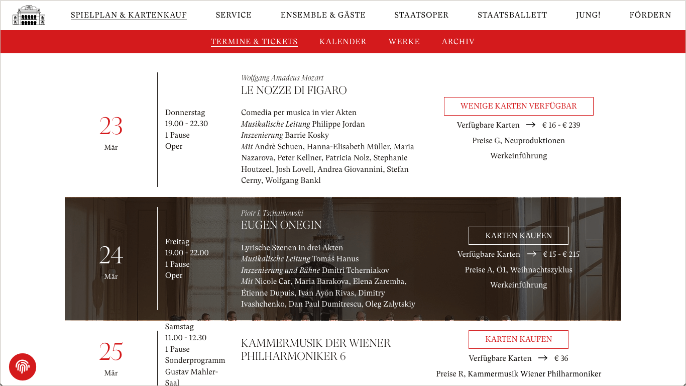 Screenshot Spielplan Website Wiener Staatsoper