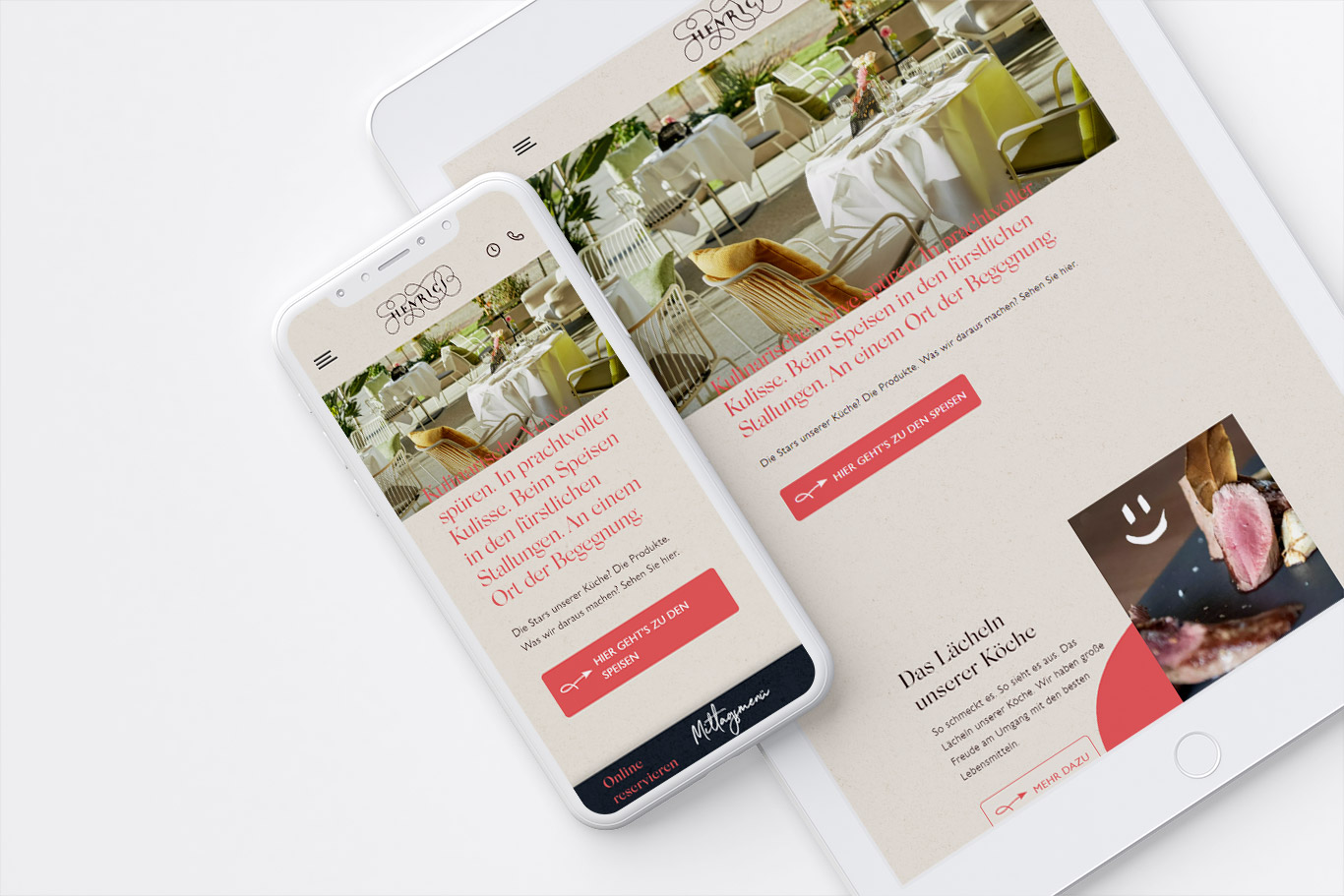 nebeneinanderliegendes iPhone und iPad wodurch das responsive Webdesign des Retaurants Henrici sichtbar ist