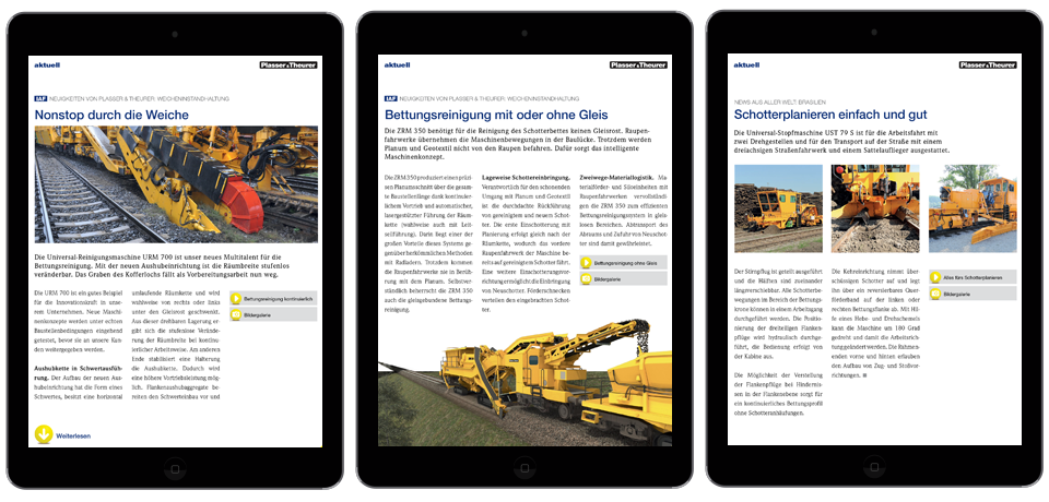 Beispielseiten aus der App "aktuell" von Plasser und Theurer