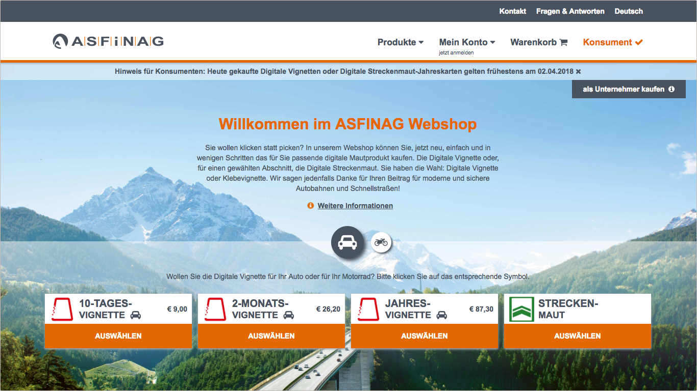Webdesign für Website Shop Digitale Vignette ASFINAG